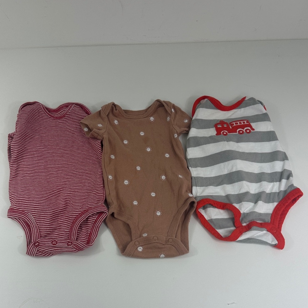 Baby Boy Lot of (3) Onesies 3 Months Stripes Firetruck Smiley Faces Kids Toddler